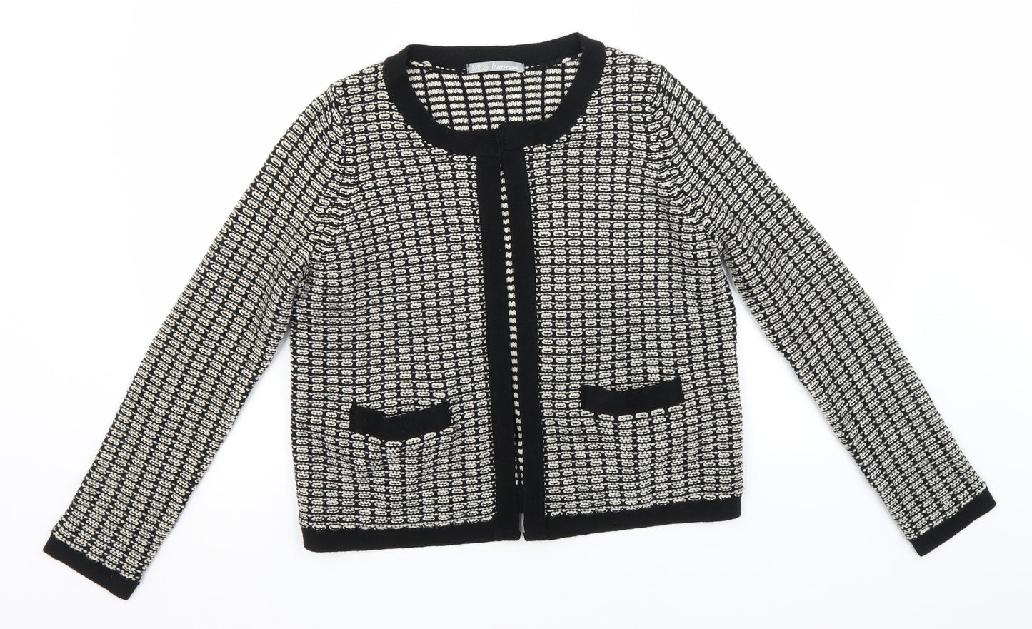 Marks and Spencer Womens Black Round Neck Geometric Acrylic Cardigan Jumper Size 14