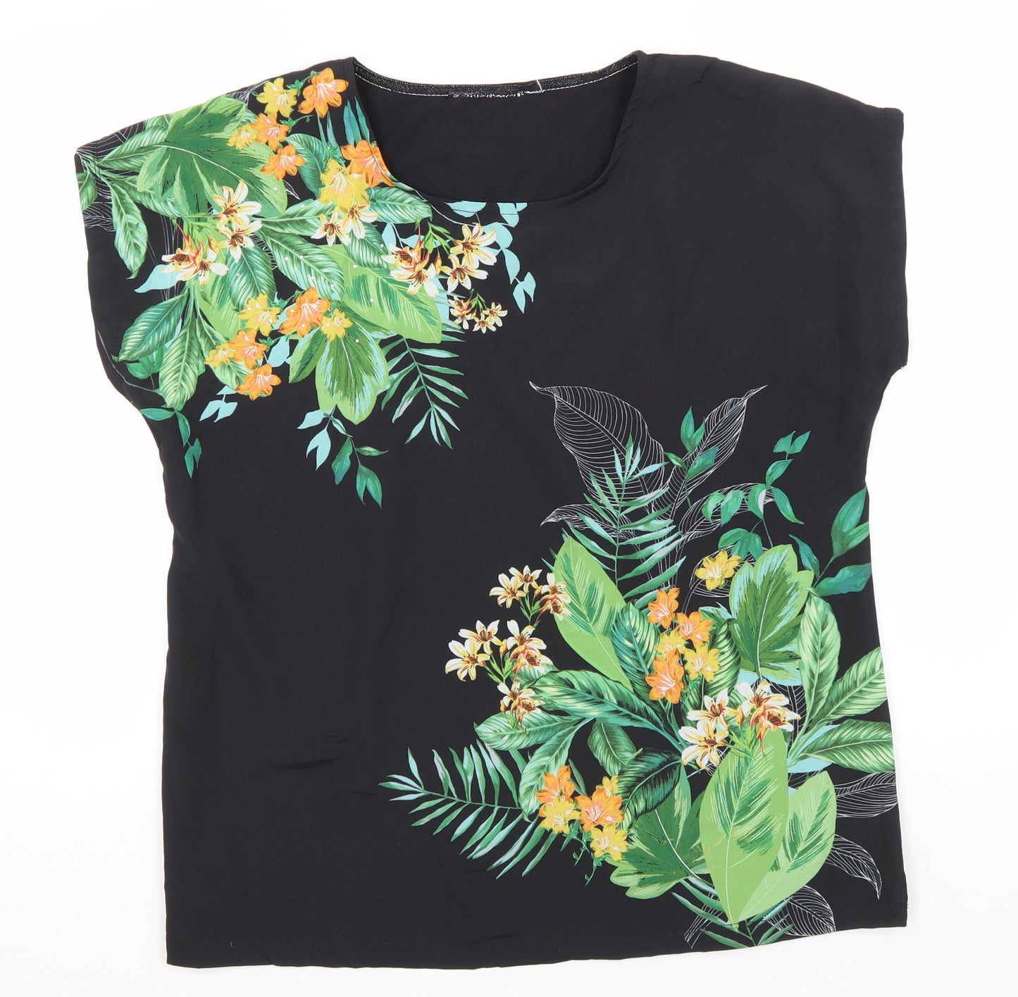 Preworn Womens Black Floral Polyester Basic T-Shirt Size 16 Round Neck
