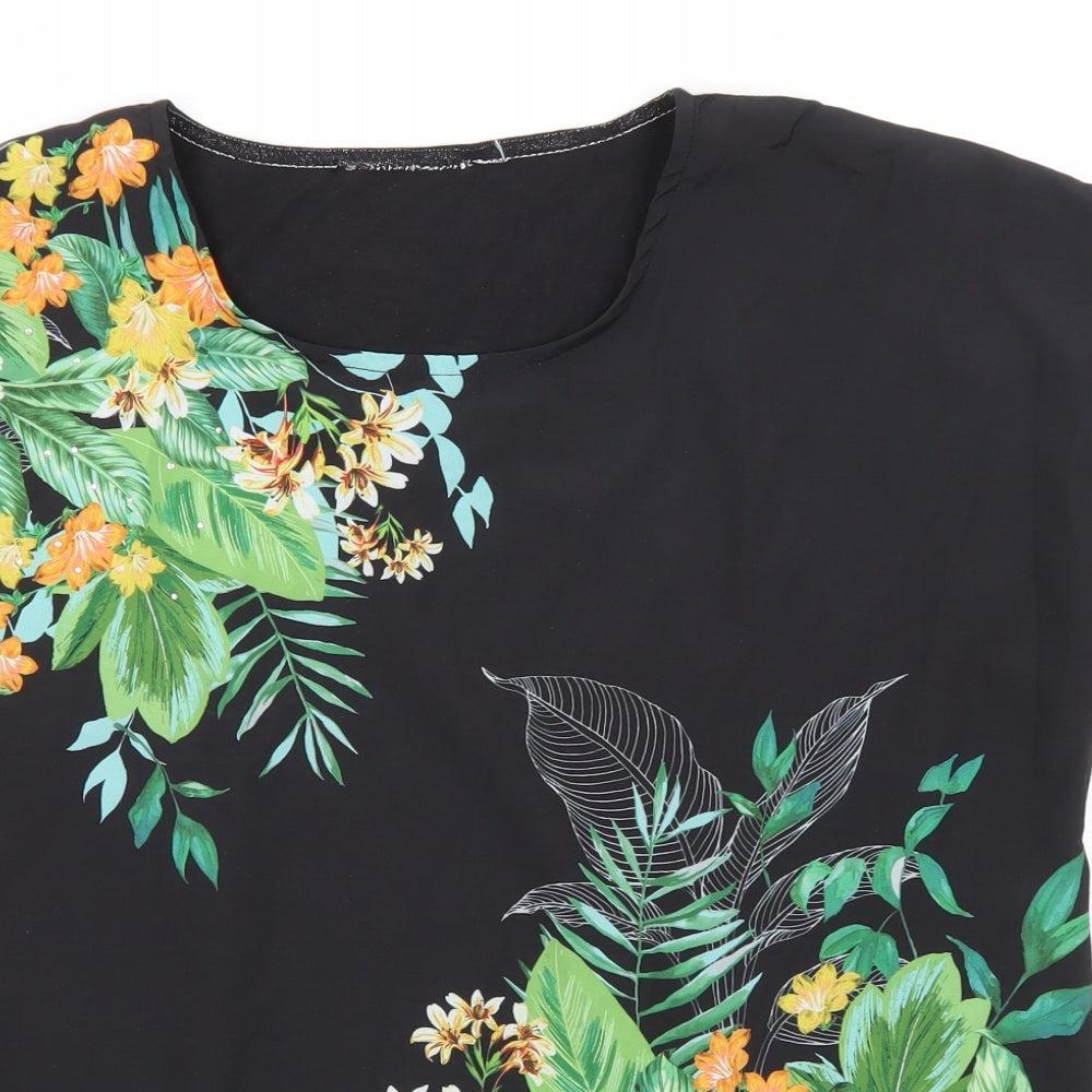 Preworn Womens Black Floral Polyester Basic T-Shirt Size 16 Round Neck