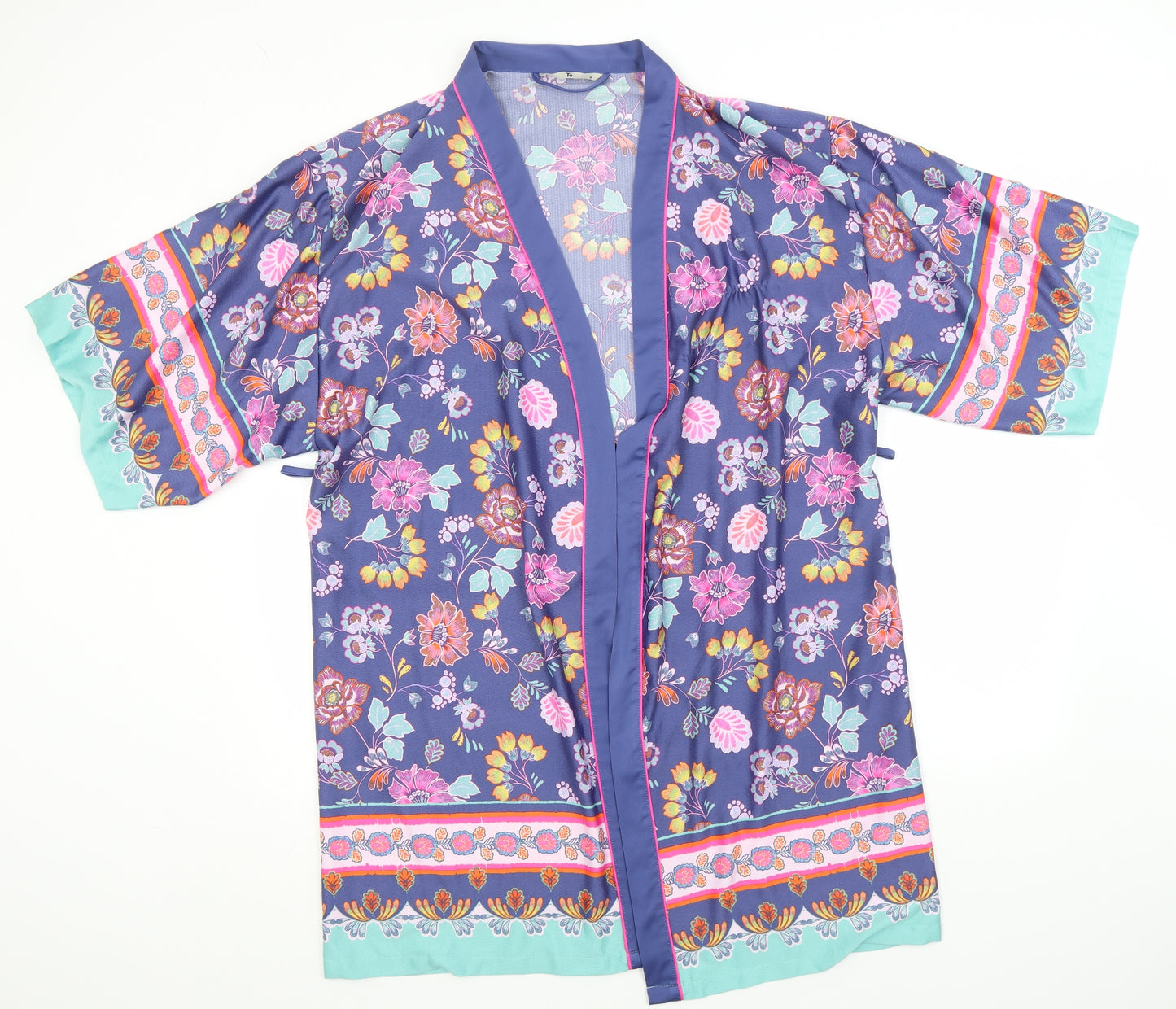 TU Womens Blue Floral Polyester Kimono Gown Size M
