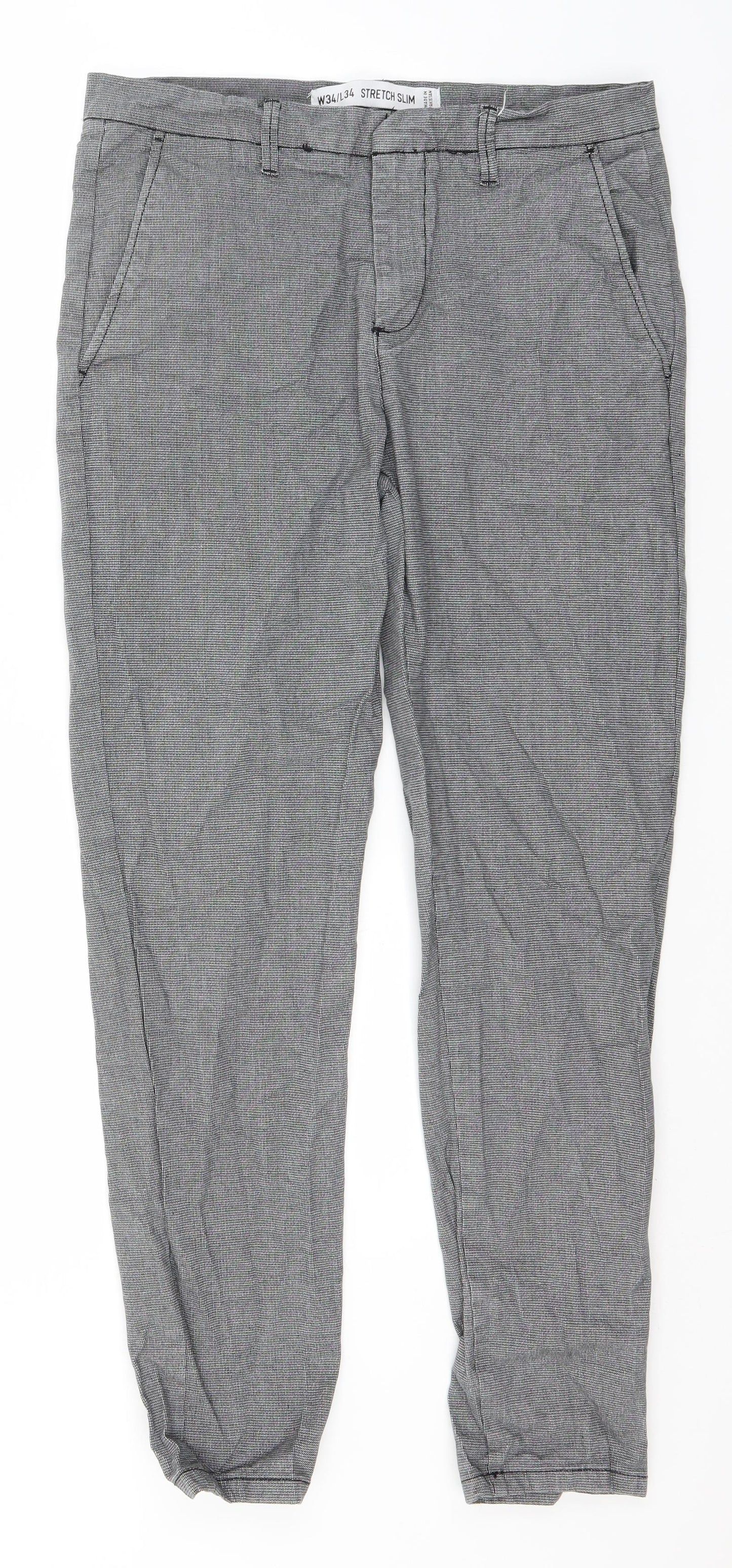 Primark Mens Grey Check Cotton Trousers  Size 34 in L30 in Regular