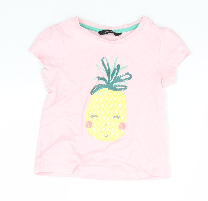George Girls Pink  Cotton Basic T-Shirt Size 3-4 Years Round Neck  - Pineapple