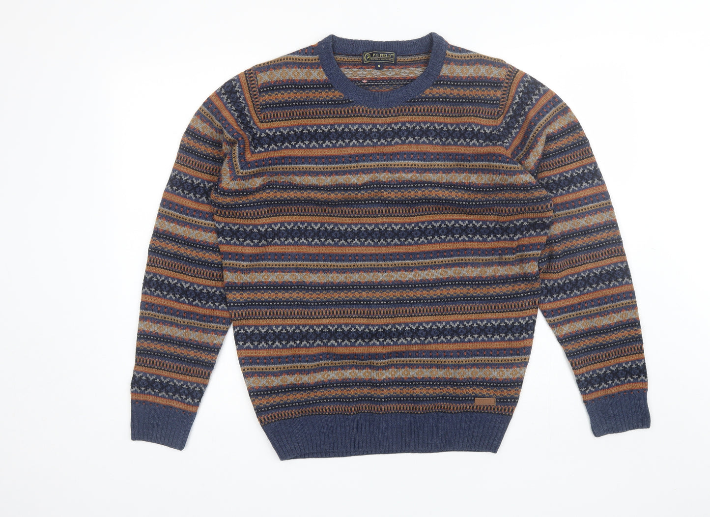 PG Field Mens Blue Round Neck Striped Acrylic Pullover Jumper Size S