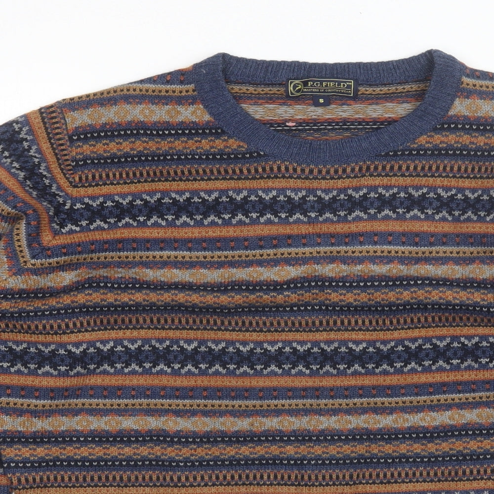 PG Field Mens Blue Round Neck Striped Acrylic Pullover Jumper Size S