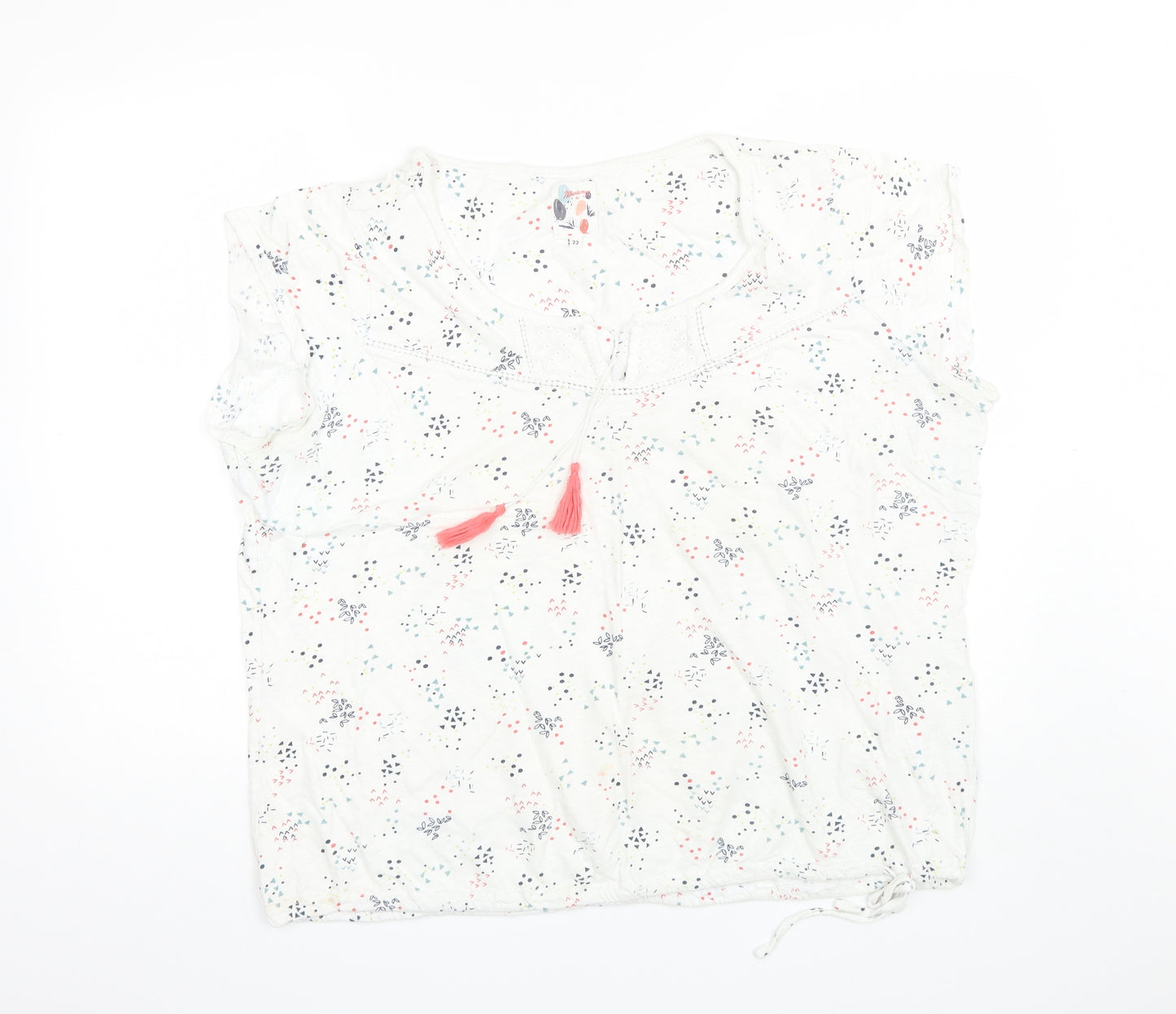 Mantaray Womens White Floral Cotton Basic T-Shirt Size 22 Round Neck