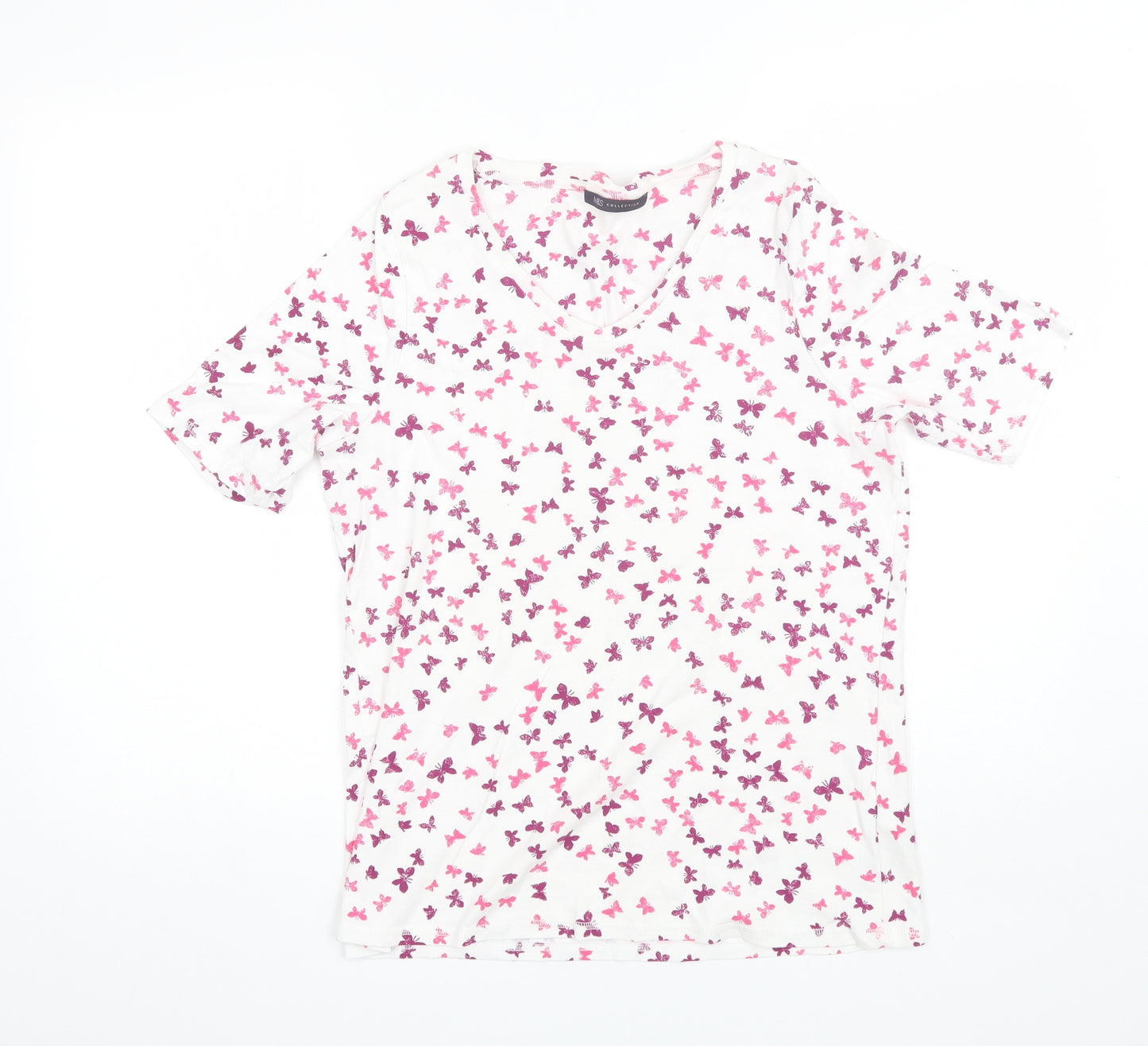 Marks and Spencer Womens White  Cotton Basic T-Shirt Size 20 V-Neck - butterflies
