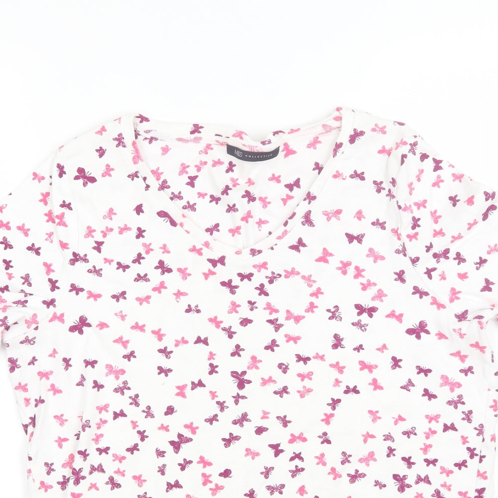 Marks and Spencer Womens White  Cotton Basic T-Shirt Size 20 V-Neck - butterflies