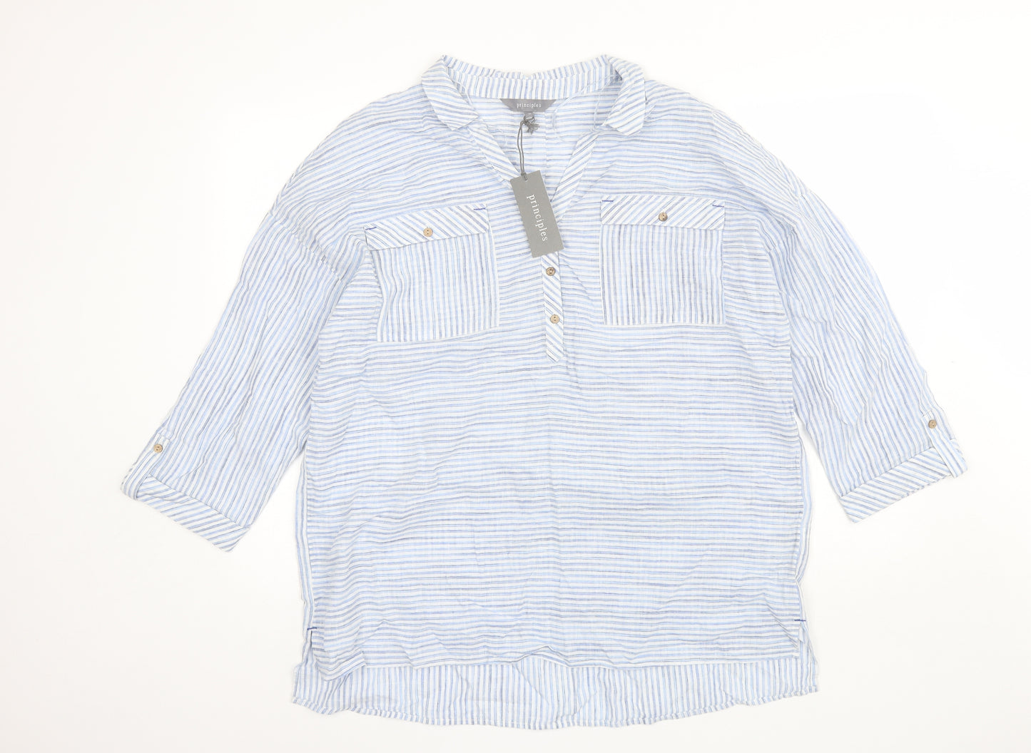 Principles Womens Blue Striped Linen Basic Blouse Size 18 Collared