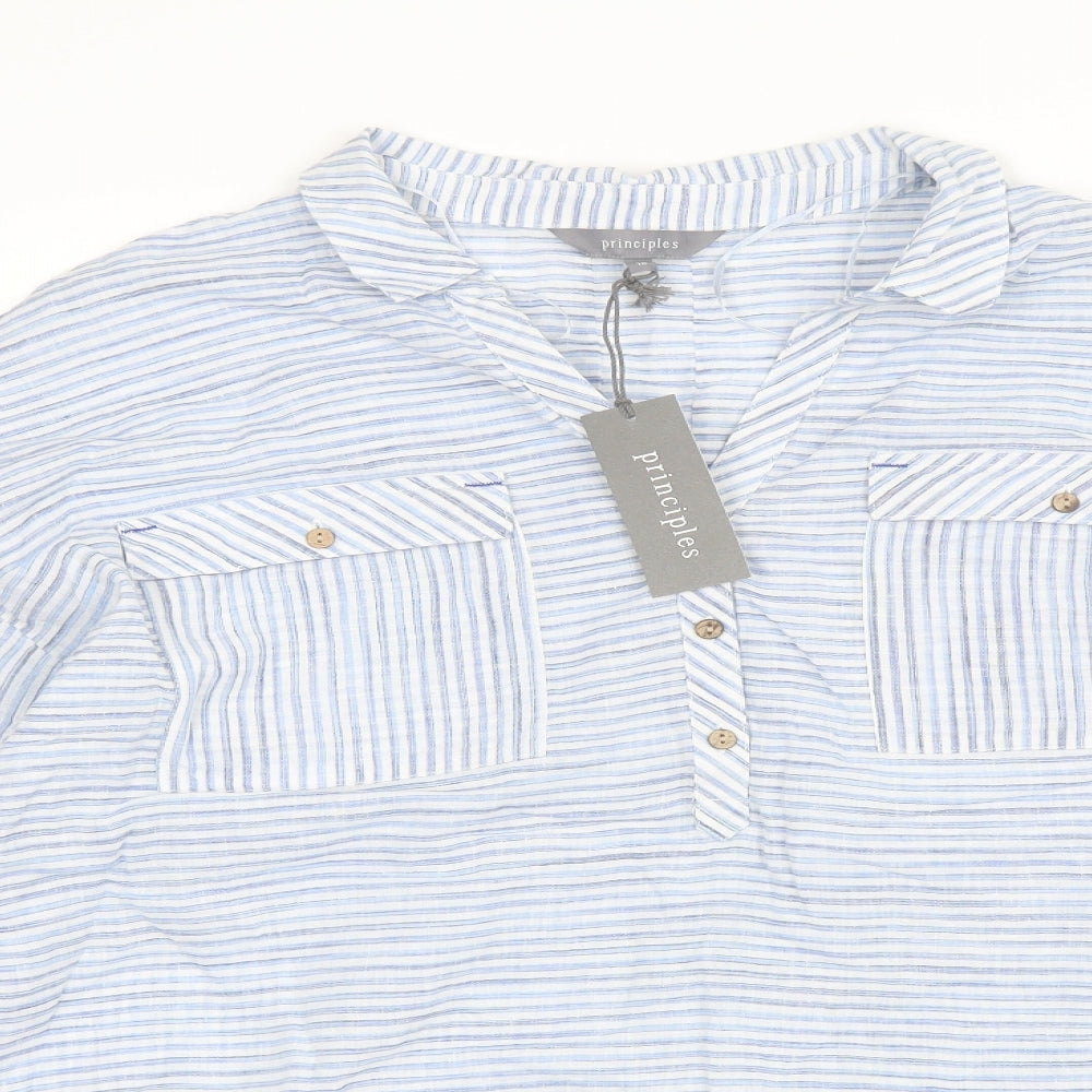 Principles Womens Blue Striped Linen Basic Blouse Size 18 Collared