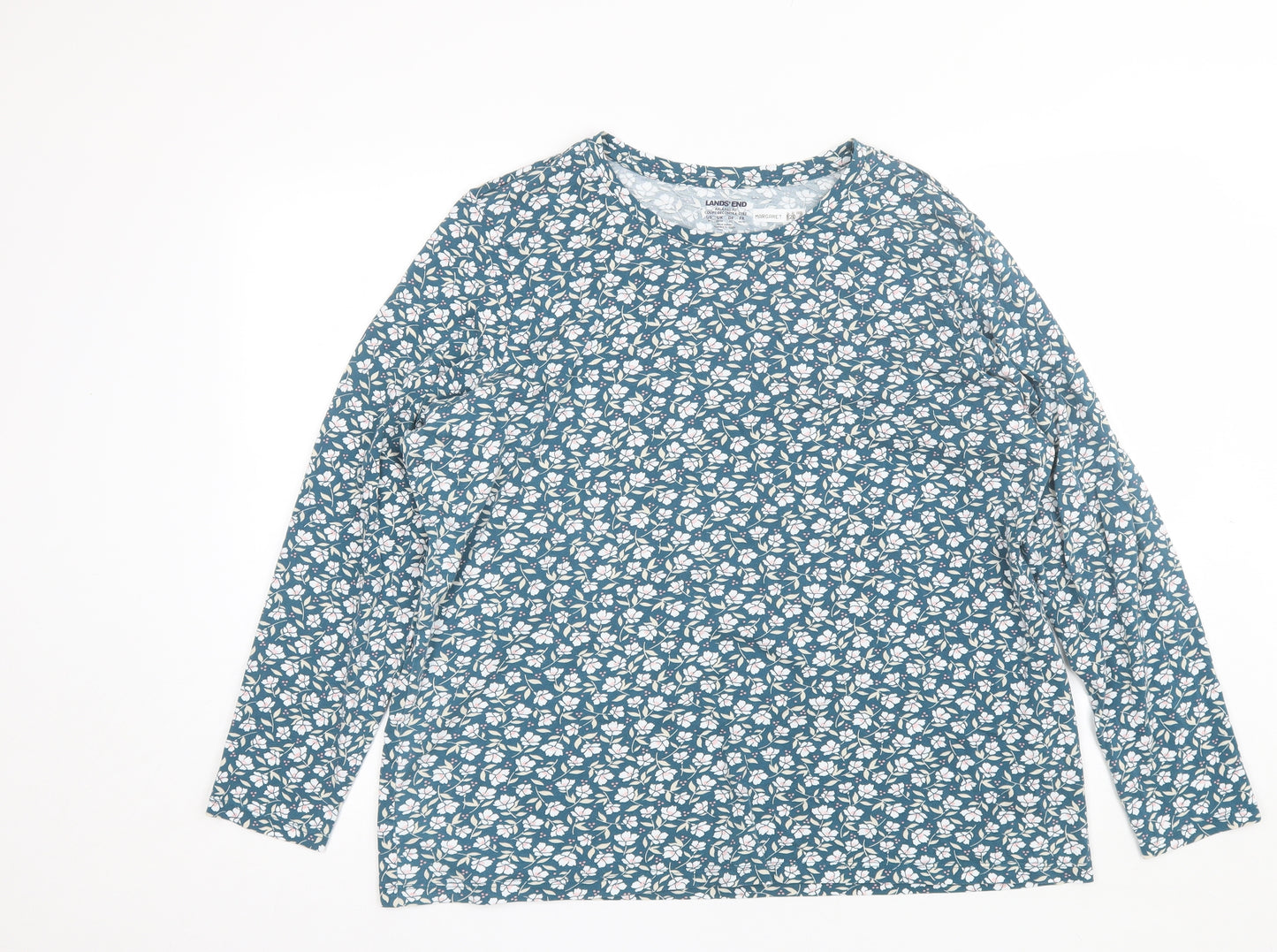 Lands' End Womens Green Floral Cotton Basic T-Shirt Size 20 Round Neck