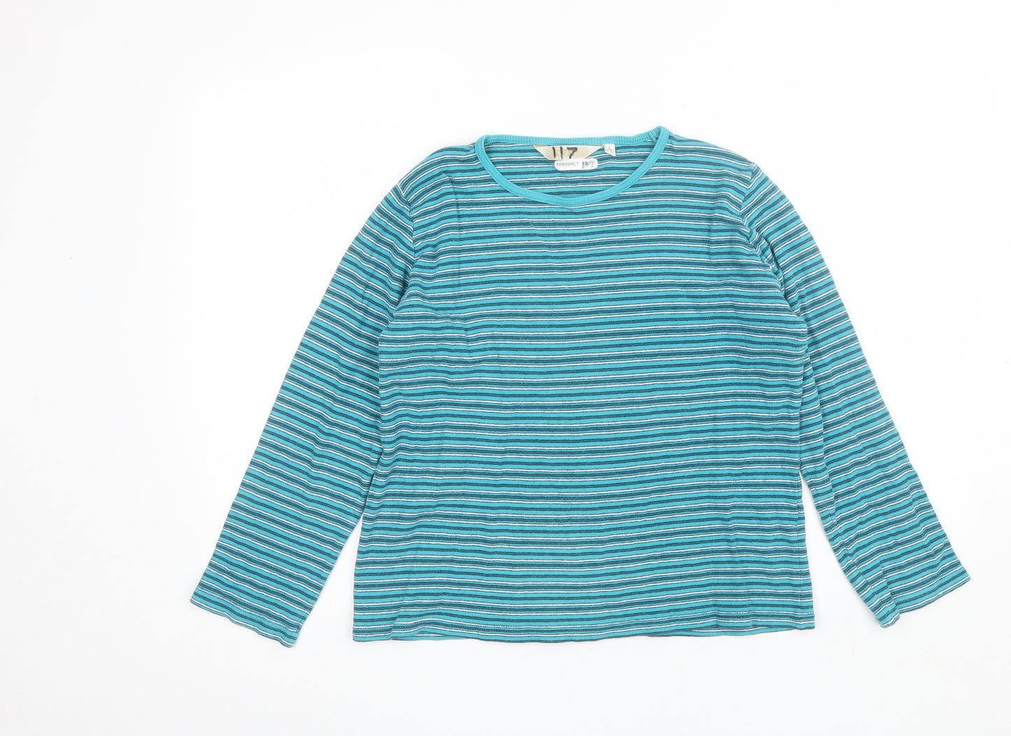 EWM Womens Blue Striped Cotton Basic T-Shirt Size L Round Neck