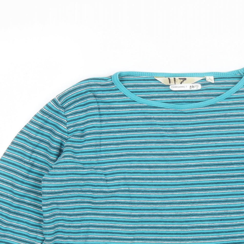 EWM Womens Blue Striped Cotton Basic T-Shirt Size L Round Neck
