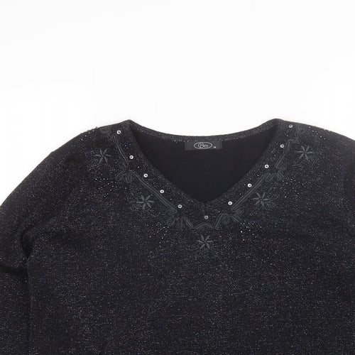 BM Womens Black V-Neck  Acrylic Pullover Jumper Size M