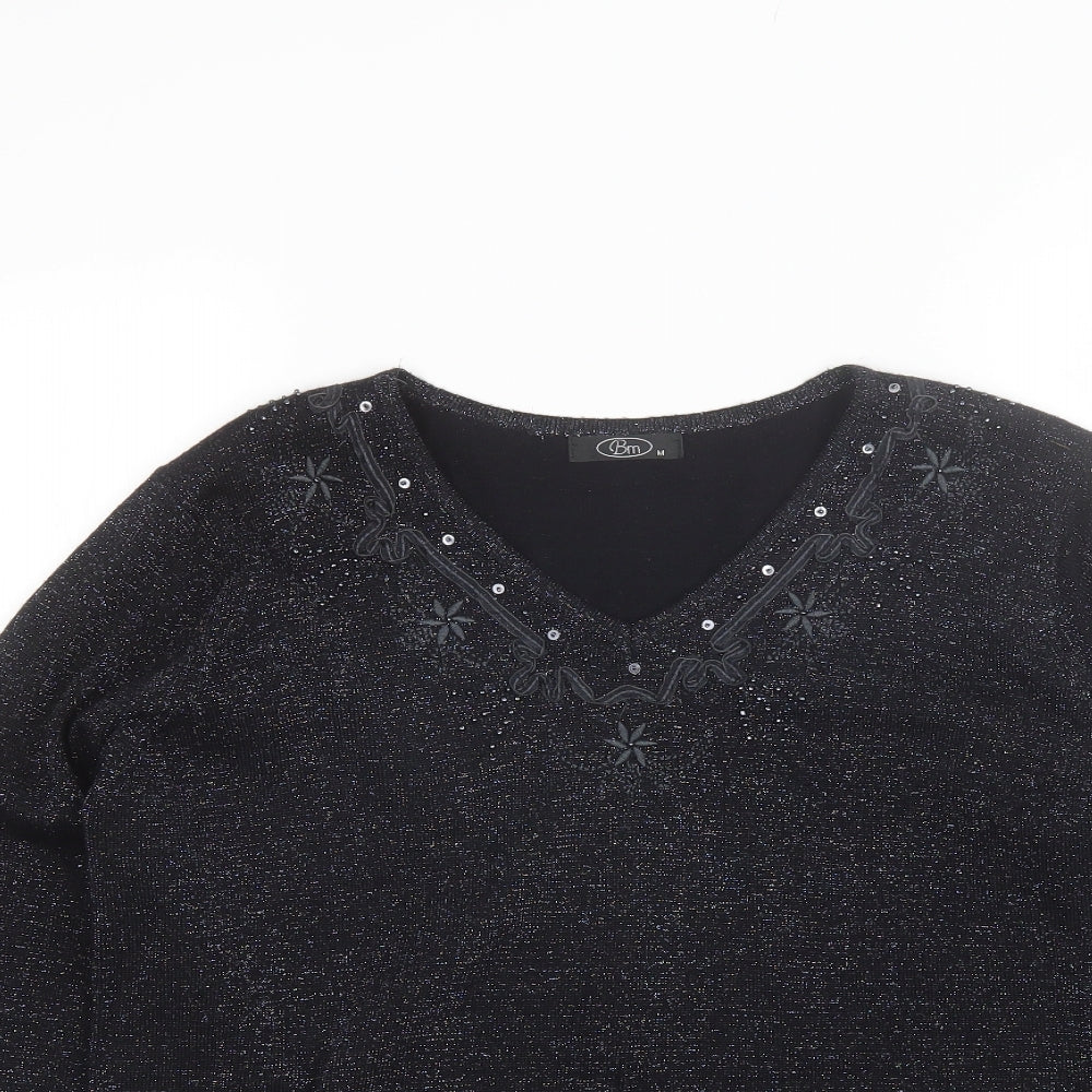 BM Womens Black V-Neck  Acrylic Pullover Jumper Size M
