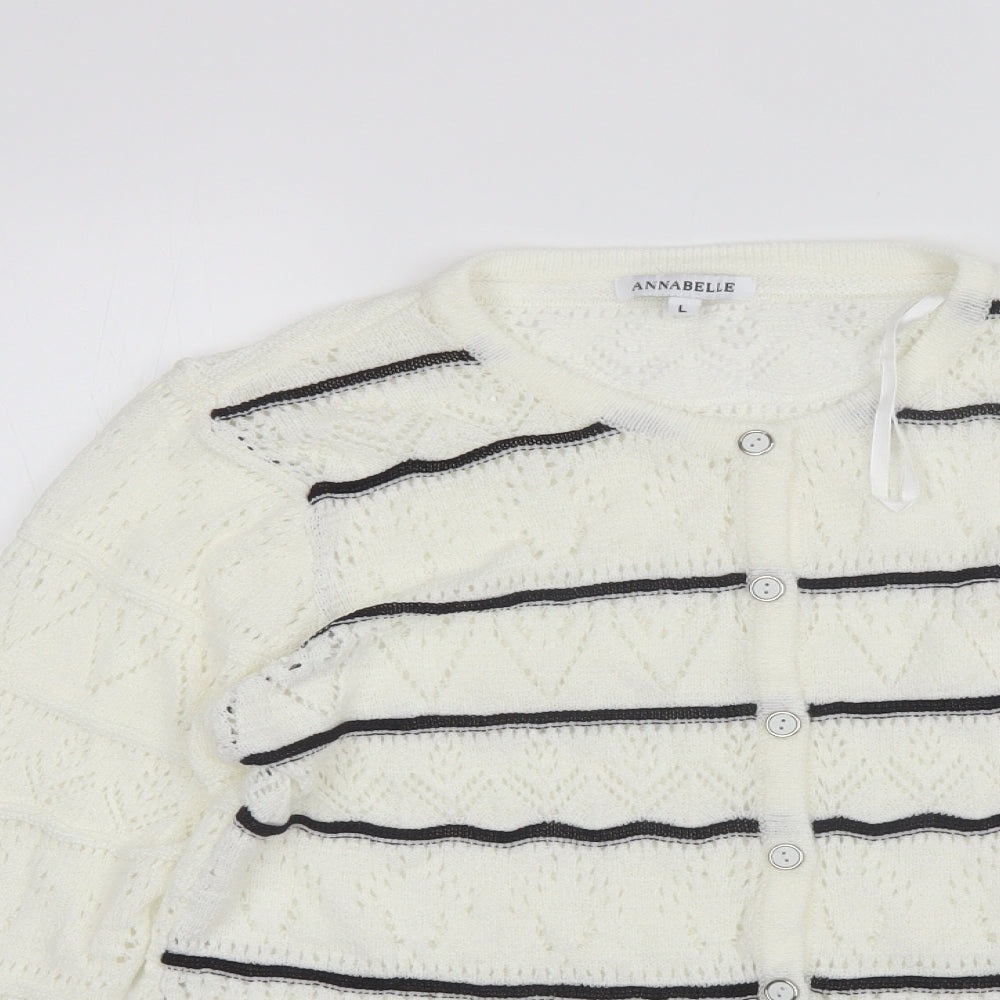 Annabelle Womens White Round Neck Striped Acrylic Cardigan Jumper Size L