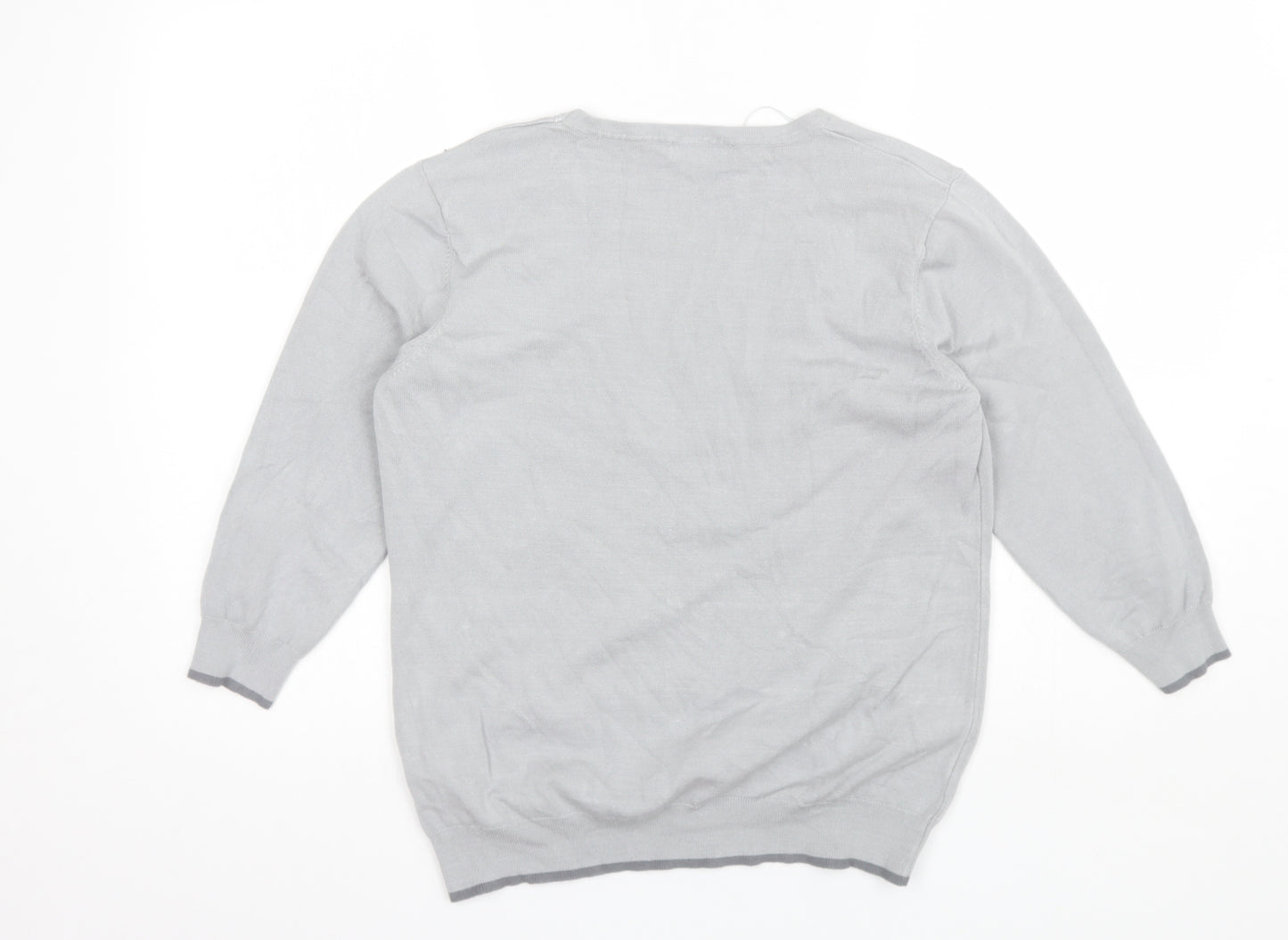 Classic Womens Grey Round Neck Floral Acrylic Pullover Jumper Size M