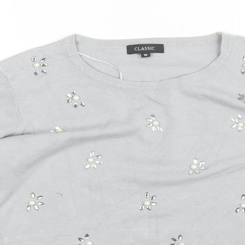 Classic Womens Grey Round Neck Floral Acrylic Pullover Jumper Size M