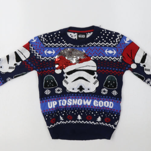 TU Boys Blue Crew Neck Fair Isle Cotton Pullover Jumper Size 5 Years   - Star Wars Christmas