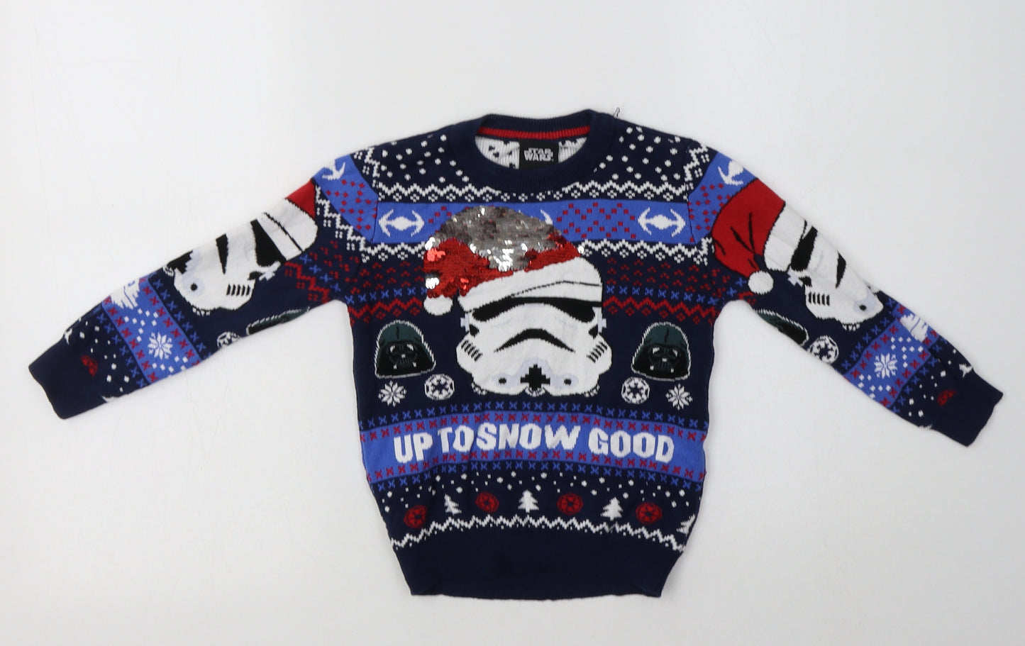 TU Boys Blue Crew Neck Fair Isle Cotton Pullover Jumper Size 5 Years   - Star Wars Christmas