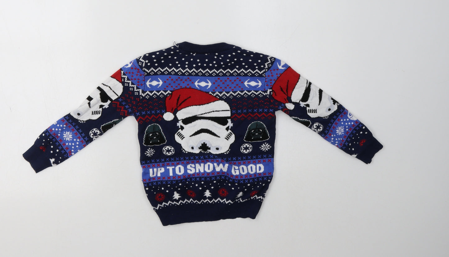 TU Boys Blue Crew Neck Fair Isle Cotton Pullover Jumper Size 5 Years   - Star Wars Christmas
