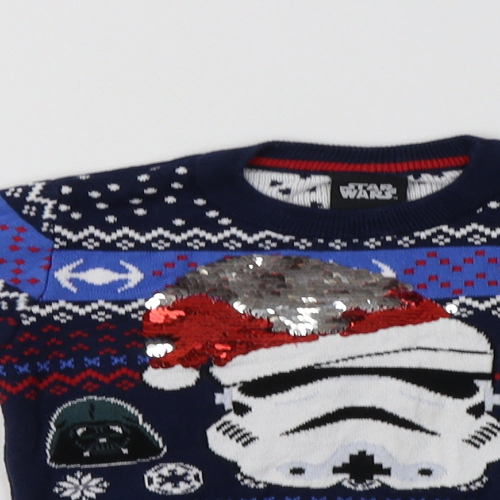 TU Boys Blue Crew Neck Fair Isle Cotton Pullover Jumper Size 5 Years   - Star Wars Christmas