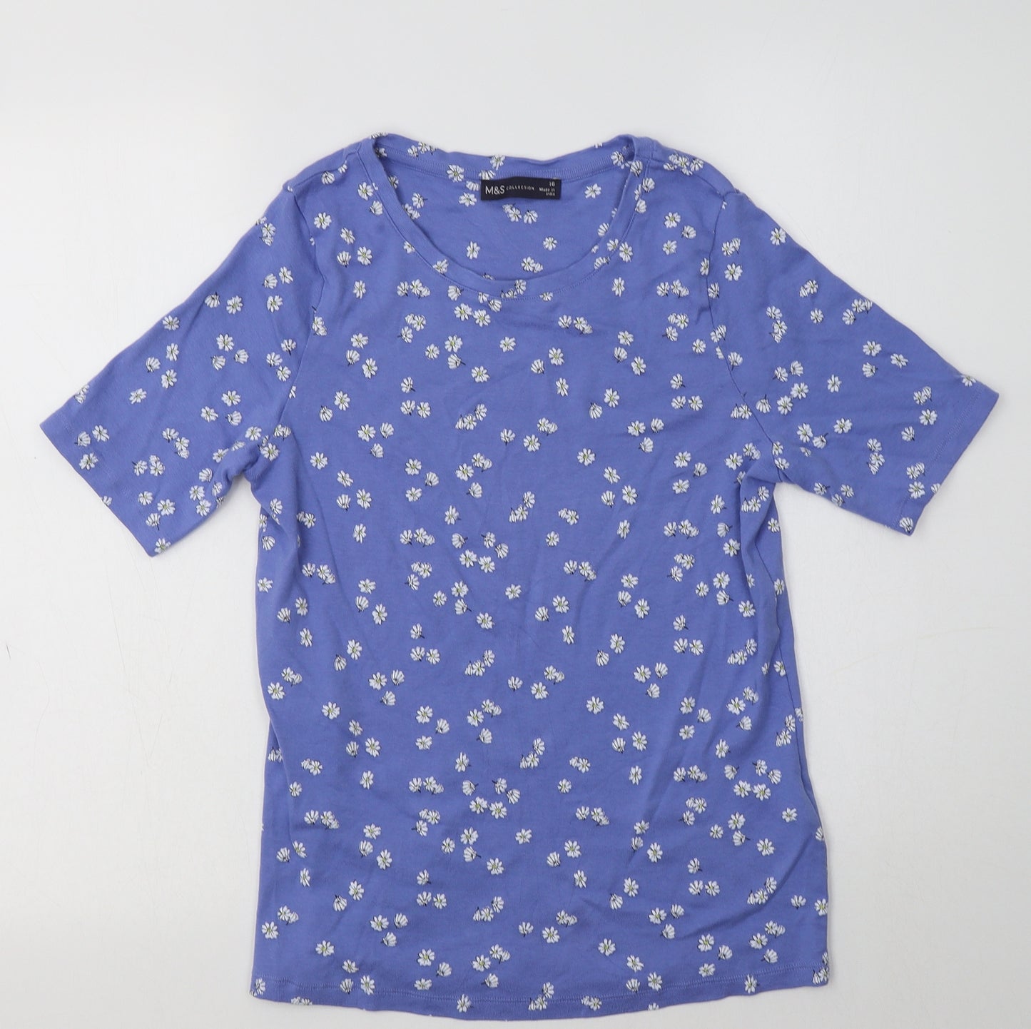 M&S Womens Blue Floral Cotton Basic T-Shirt Size 16 Crew Neck
