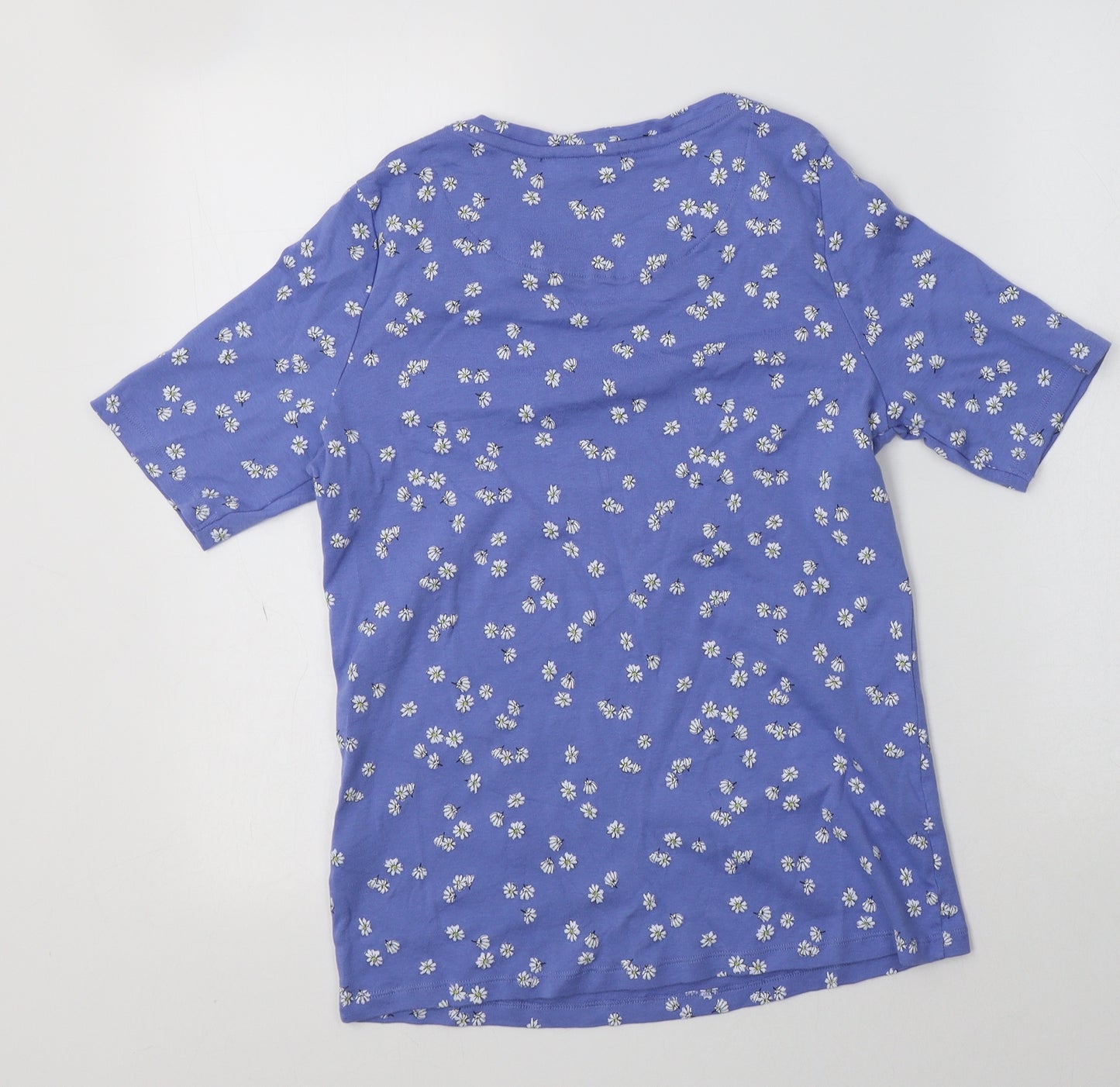 M&S Womens Blue Floral Cotton Basic T-Shirt Size 16 Crew Neck
