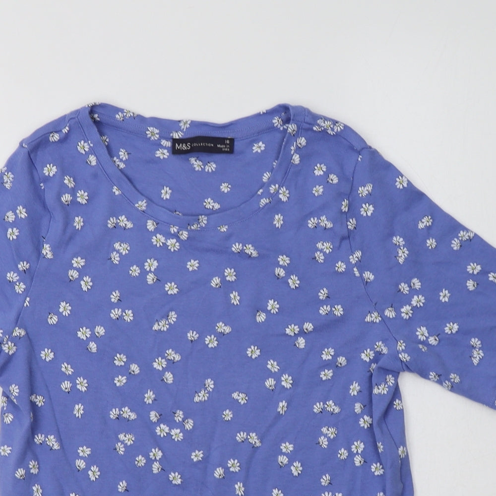 M&S Womens Blue Floral Cotton Basic T-Shirt Size 16 Crew Neck