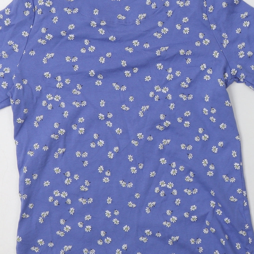 M&S Womens Blue Floral Cotton Basic T-Shirt Size 16 Crew Neck