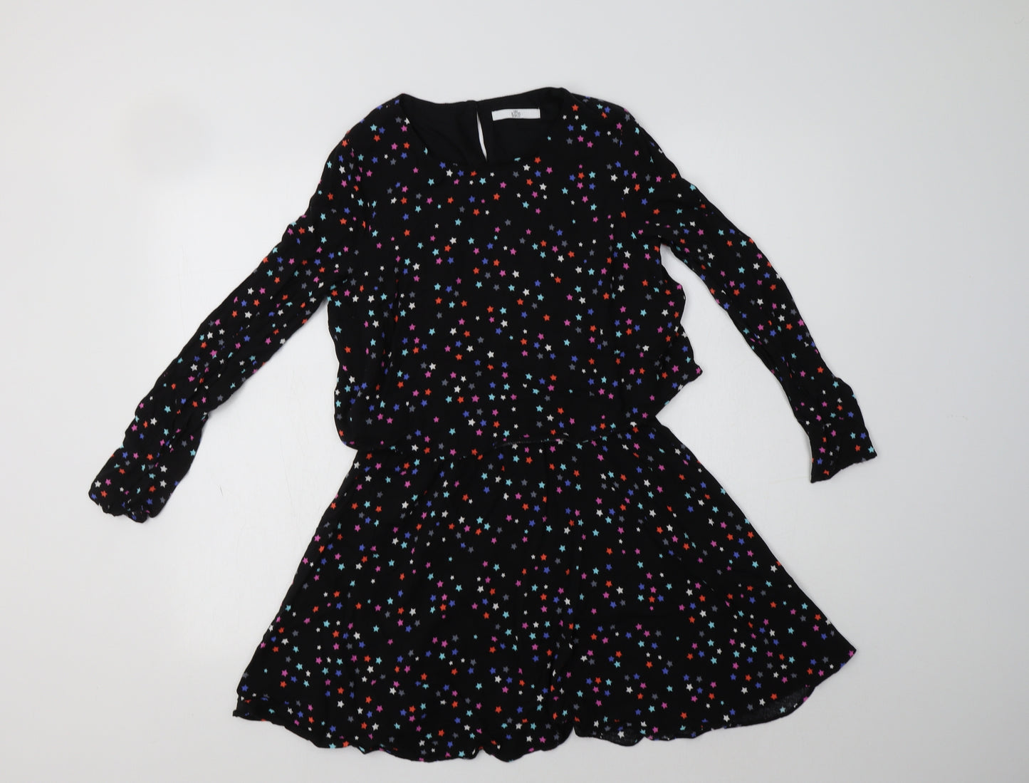 M&S Girls Black Geometric Viscose Fit & Flare  Size 12-13 Years  Round Neck  - Star Print