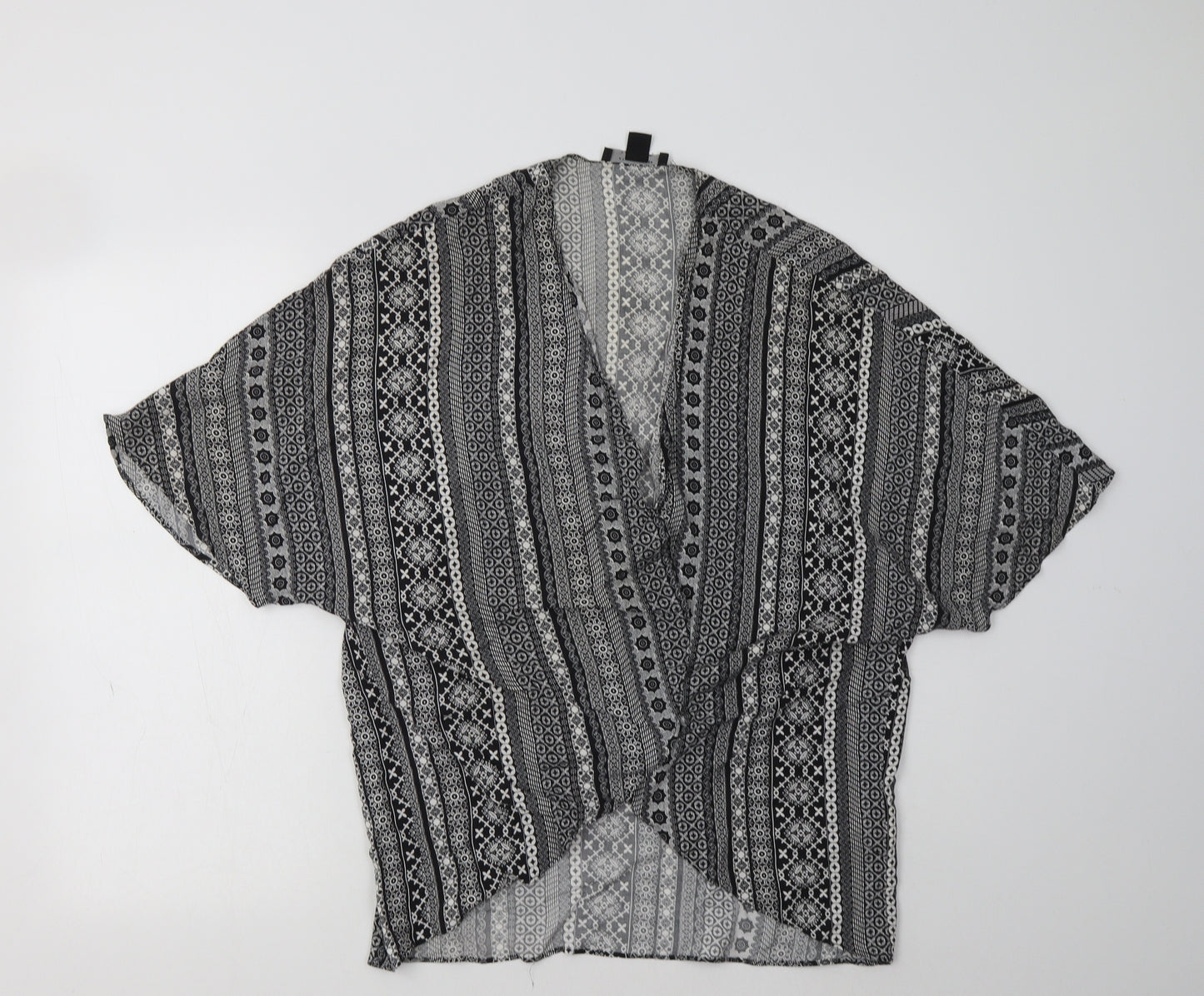 Primark Womens Black Geometric Viscose Kimono Blouse Size M V-Neck