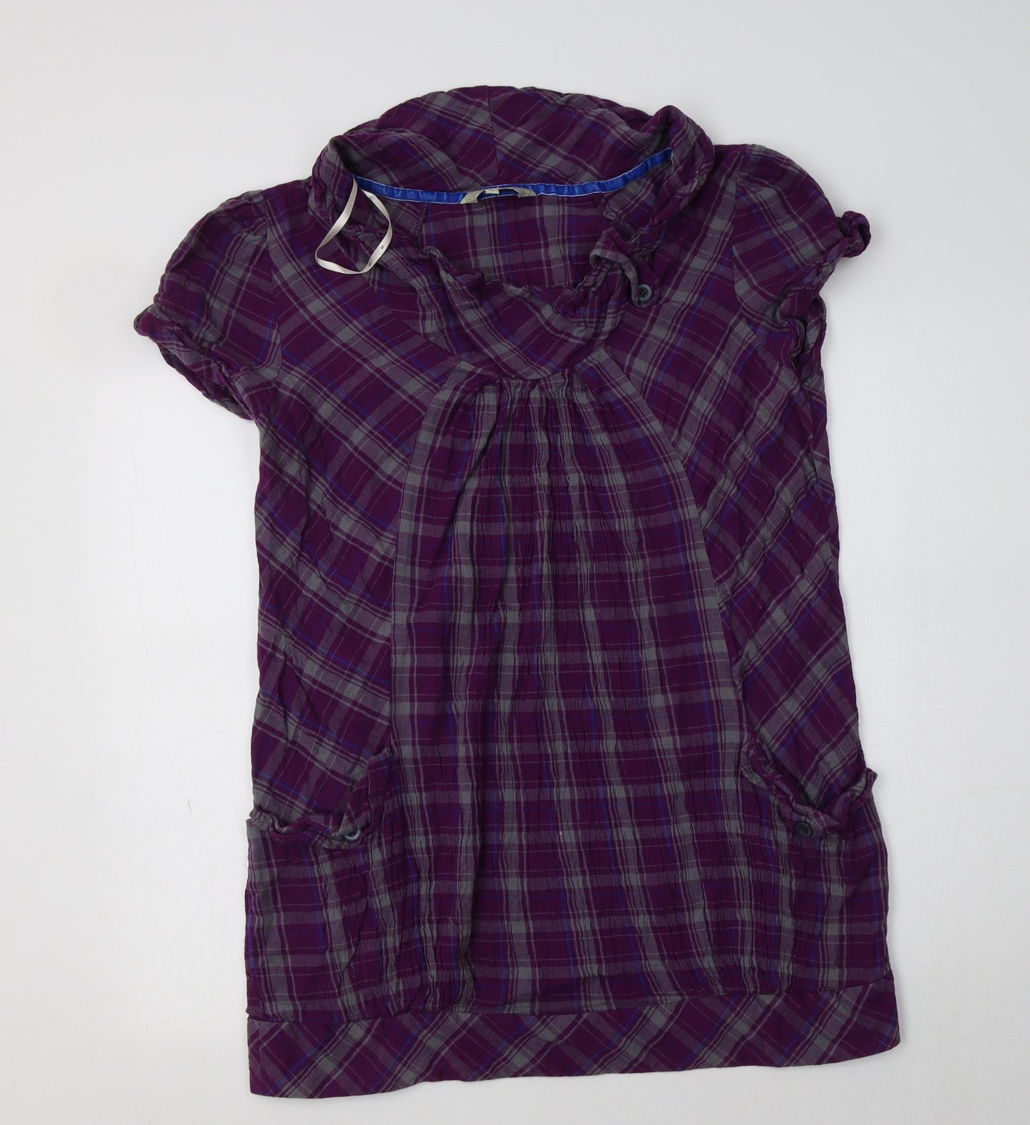 Mantaray Womens Purple Check Cotton Tunic Blouse Size 16 Round Neck