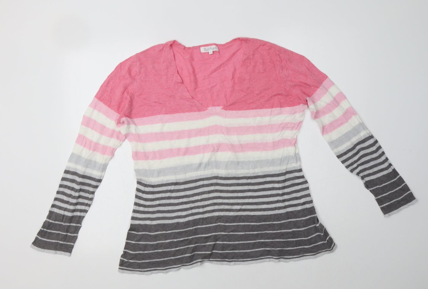 Tulchan Womens Multicoloured V-Neck Striped Linen Pullover Jumper Size 16