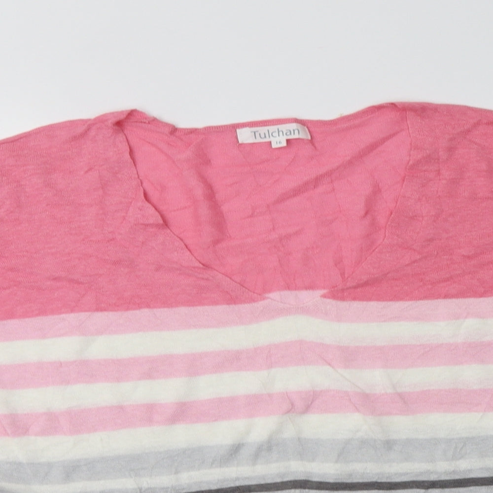 Tulchan Womens Multicoloured V-Neck Striped Linen Pullover Jumper Size 16