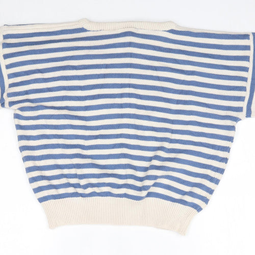 Laura Ashley Womens Blue Round Neck Striped 100% Cotton Pullover Jumper Size M