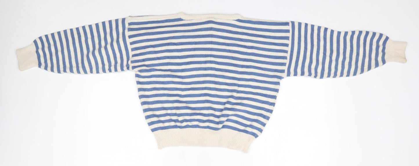 Laura Ashley Womens Blue Round Neck Striped 100% Cotton Pullover Jumper Size M