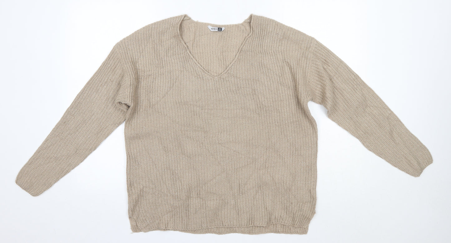 Pep & Co Womens Gold V-Neck  Acrylic Pullover Jumper Size 14