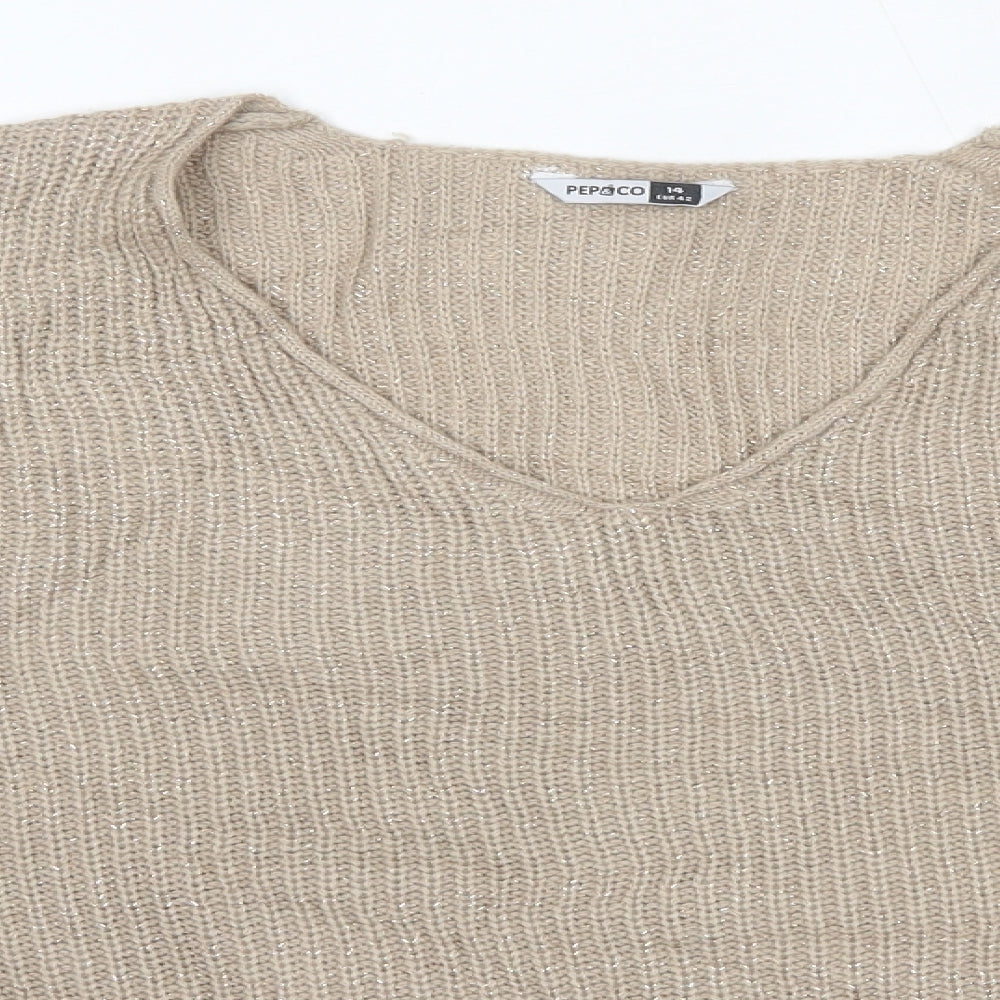 Pep & Co Womens Gold V-Neck  Acrylic Pullover Jumper Size 14