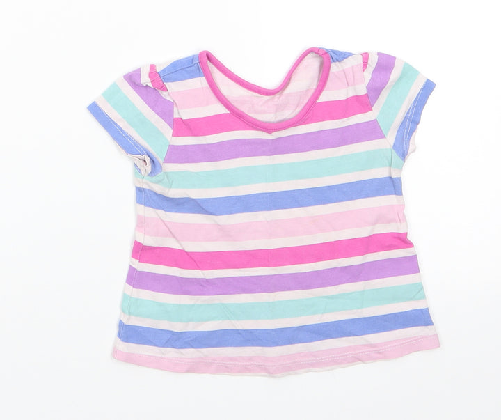 George Girls Pink Striped Cotton Basic T-Shirt Size 6-9 Months Round Neck - Pink Purple Blue White Aqua Stripes