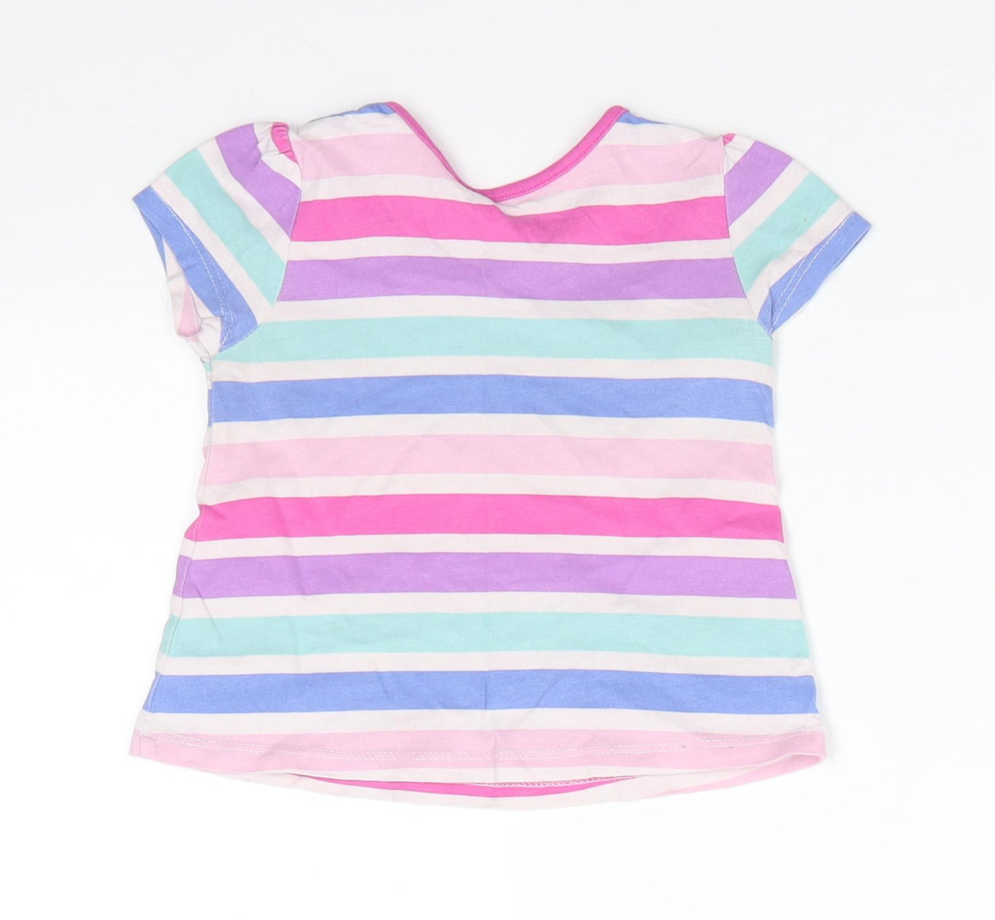 George Girls Pink Striped Cotton Basic T-Shirt Size 6-9 Months Round Neck  - Pink Purple Blue White Aqua Stripes
