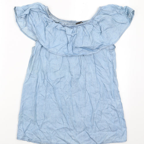 Quiz Womens Blue   Basic Blouse Size XS Off the Shoulder - Pale blue top with frill Elasticated shoulders