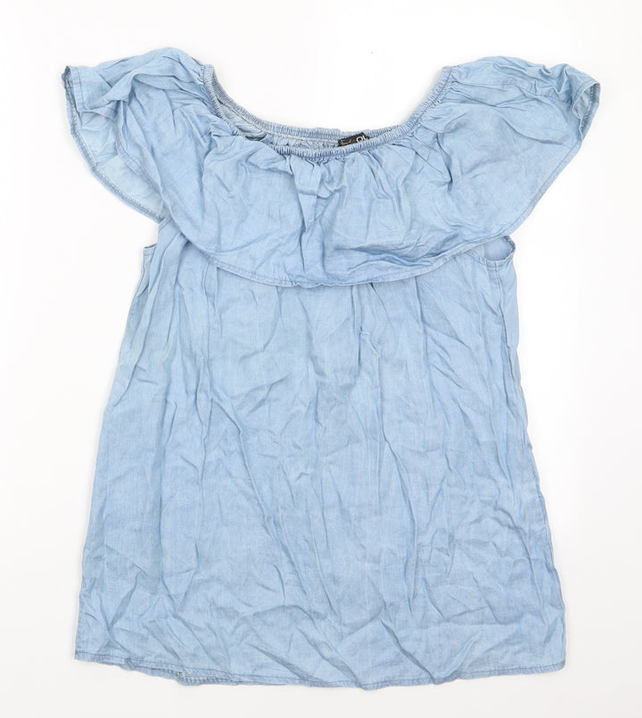 Quiz Womens Blue Basic Blouse Size XS Off the Shoulder - Pale blue top with frill Elasticated shoulders