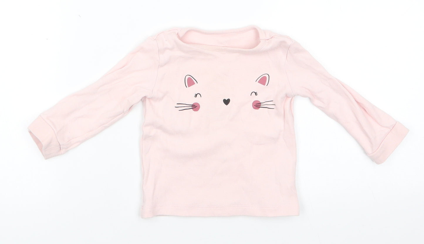 George Girls Pink Animal Print Cotton Basic Casual Size 12-18 Months Round Neck  - Cat Face Pale Pink Cuff Turnups