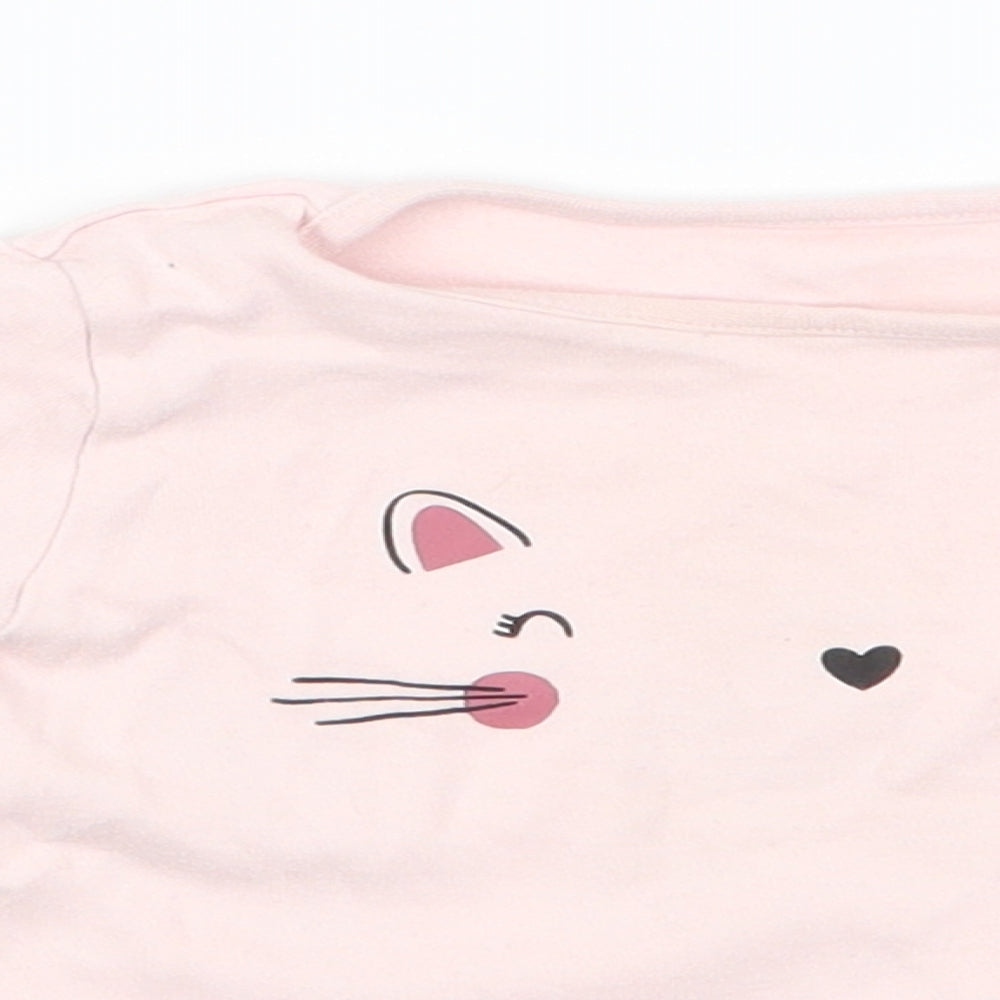 George Girls Pink Animal Print Cotton Basic Casual Size 12-18 Months Round Neck  - Cat Face Pale Pink Cuff Turnups