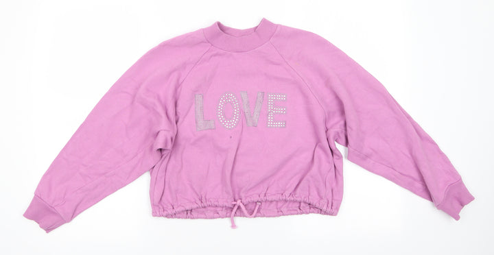 NEXT Girls Pink Cotton Pullover Sweatshirt Size 12 Years - Love Sparkle Drawstring waist
