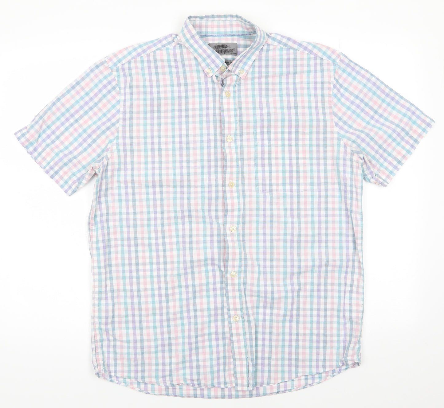 Marks and Spencer Mens Multicoloured Check Cotton  Button-Up Size M Collared  - Buttoned Collar Pink Blue White Purple Check