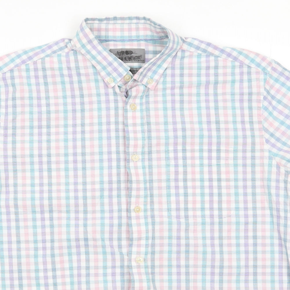 Marks and Spencer Mens Multicoloured Check Cotton  Button-Up Size M Collared  - Buttoned Collar Pink Blue White Purple Check