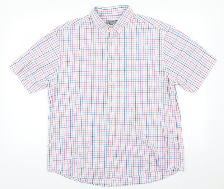 Marks and Spencer Mens Multicoloured Check Cotton Button-Up Size L Collared - Blue Red Orange White Teal check Buttoned collar