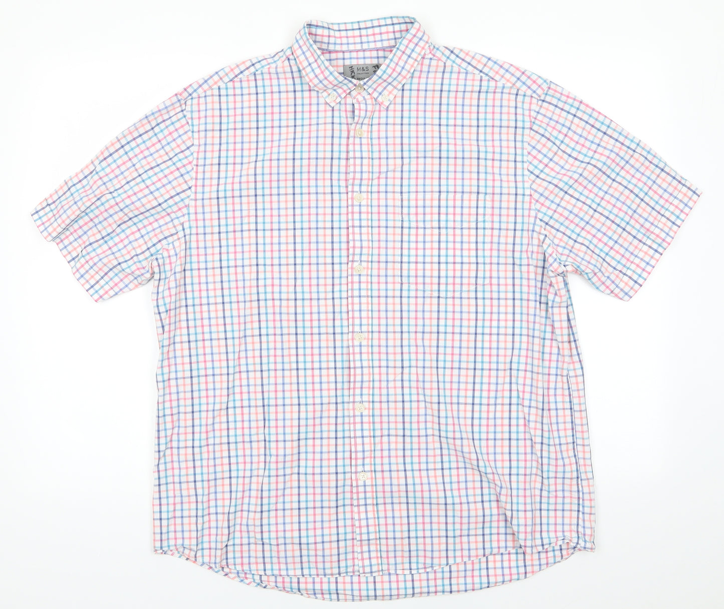 Marks and Spencer Mens Multicoloured Check Cotton  Button-Up Size L Collared  - Blue Red Orange White Teal check Buttoned collar