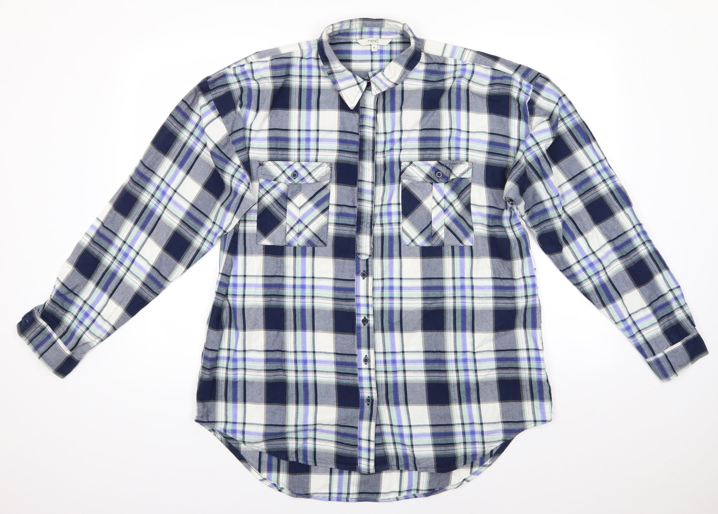 NEXT Womens Blue Check Cotton Basic Button-Up Size 16 Collared - Blue Green Grey Purple Check Part concealed buttons